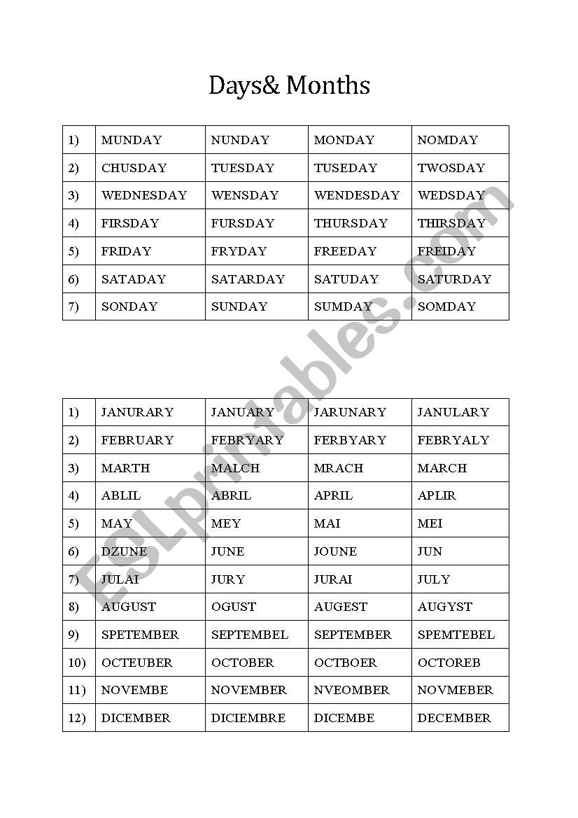 Days & Months Worksheet worksheet