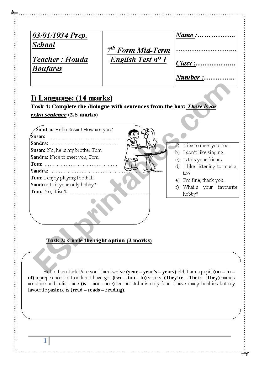 7th form mid term test n1 worksheet