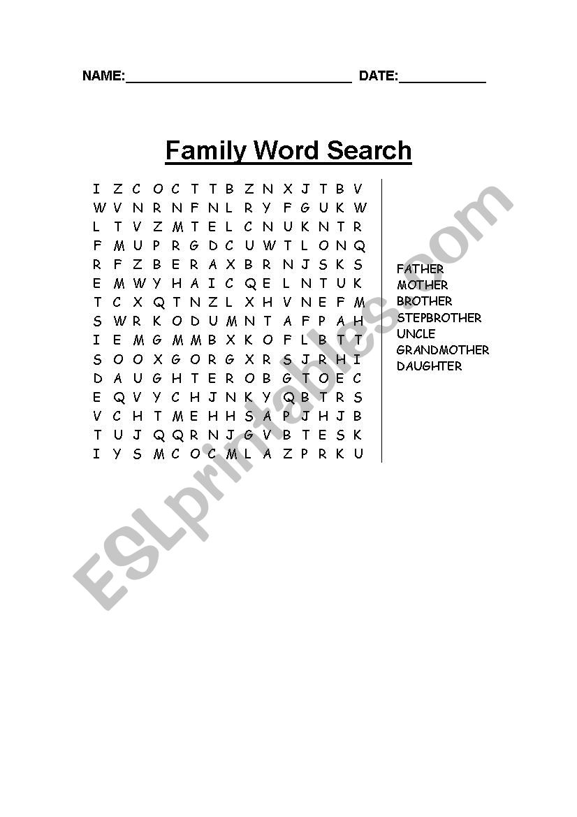 Family word soup worksheet