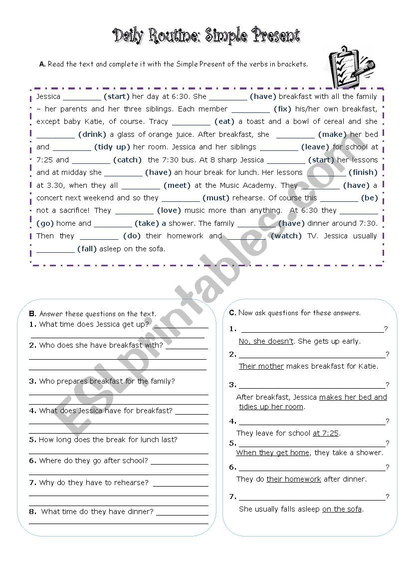 Daily routine worksheet