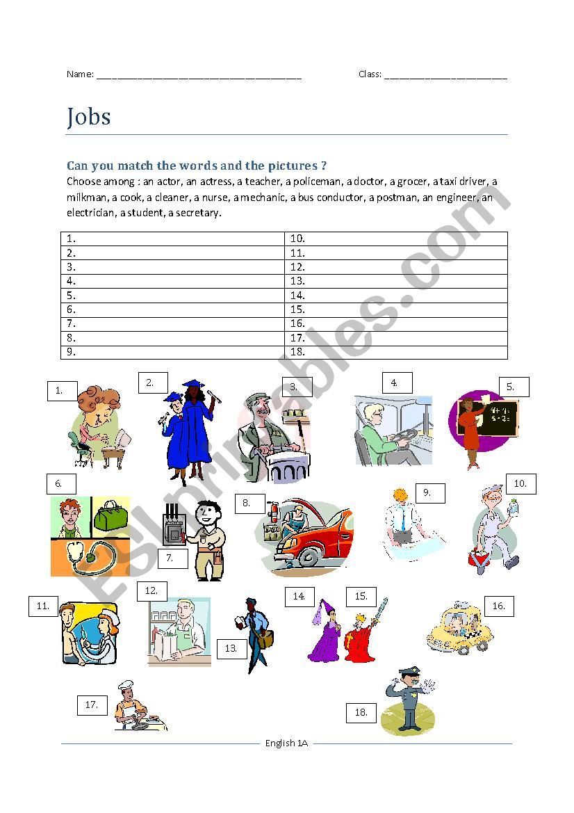 Jobs - occupations worksheet