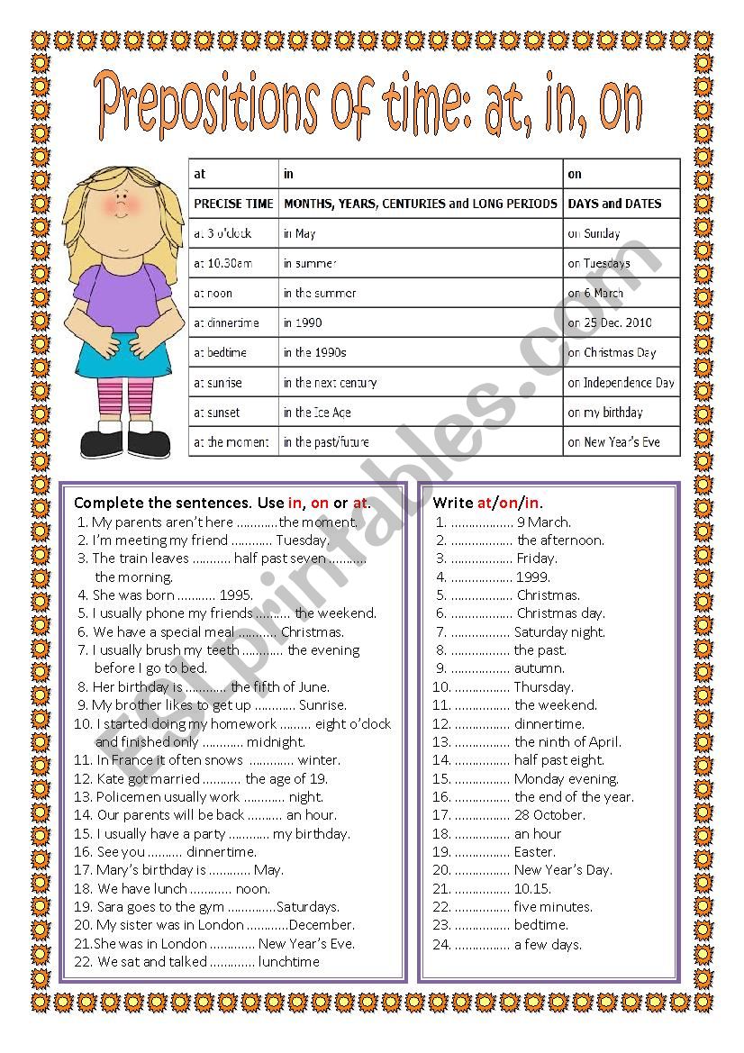 Prepositions of time:  in, on, at