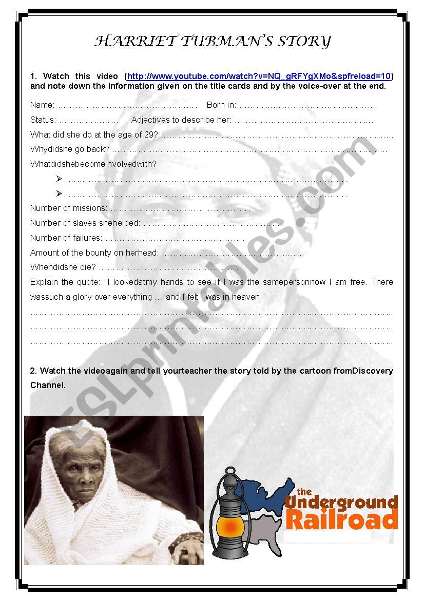 Harriet Tubmans story worksheet