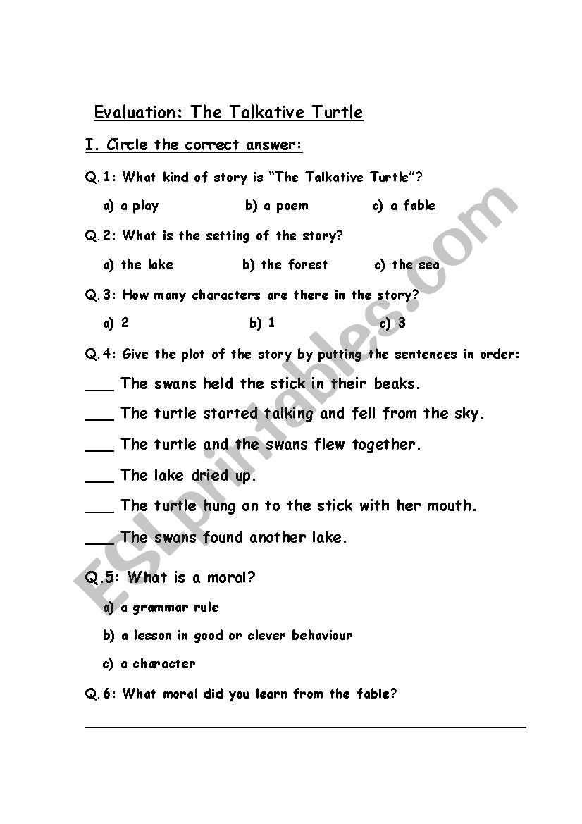 The Talkative Turtle - A fable - Evaluation