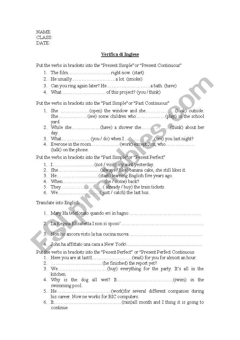 test tenses worksheet