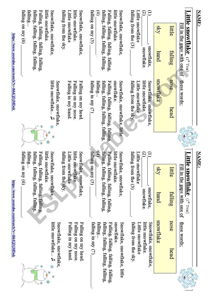 Little snowflake song worksheet