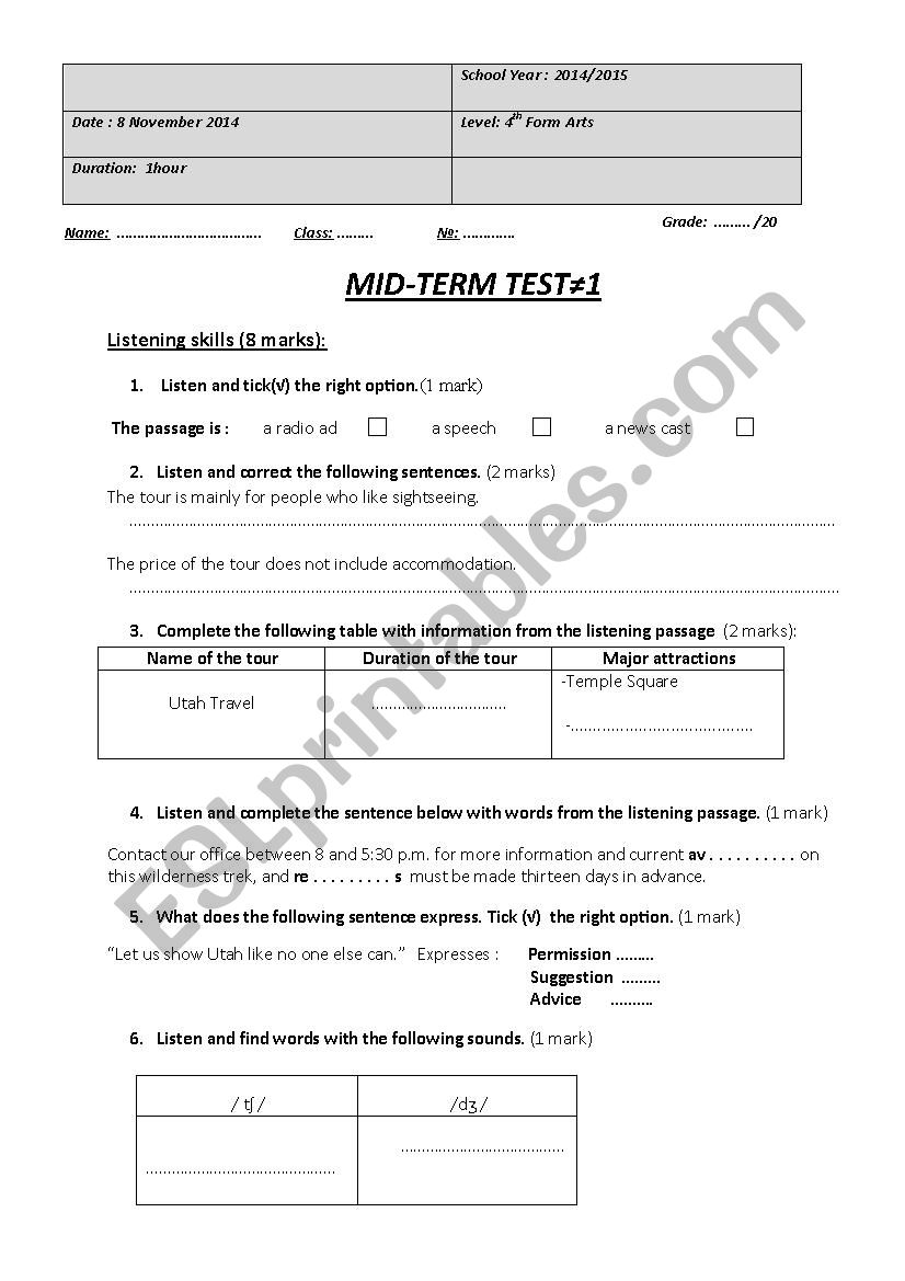 First term test worksheet