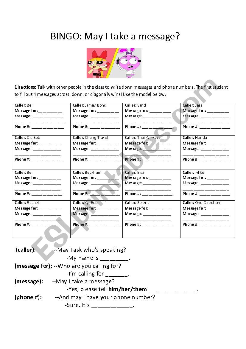 Telephone messages Bingo Game worksheet
