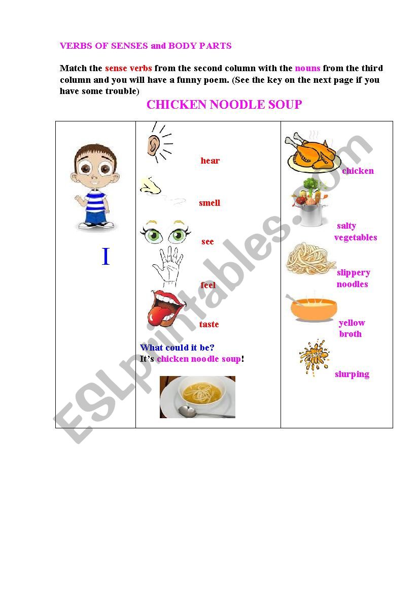 CHICKEN NOODLE SOUP (a funny poem with a matching exercise to complete +  key) - ESL worksheet by korova-daisy