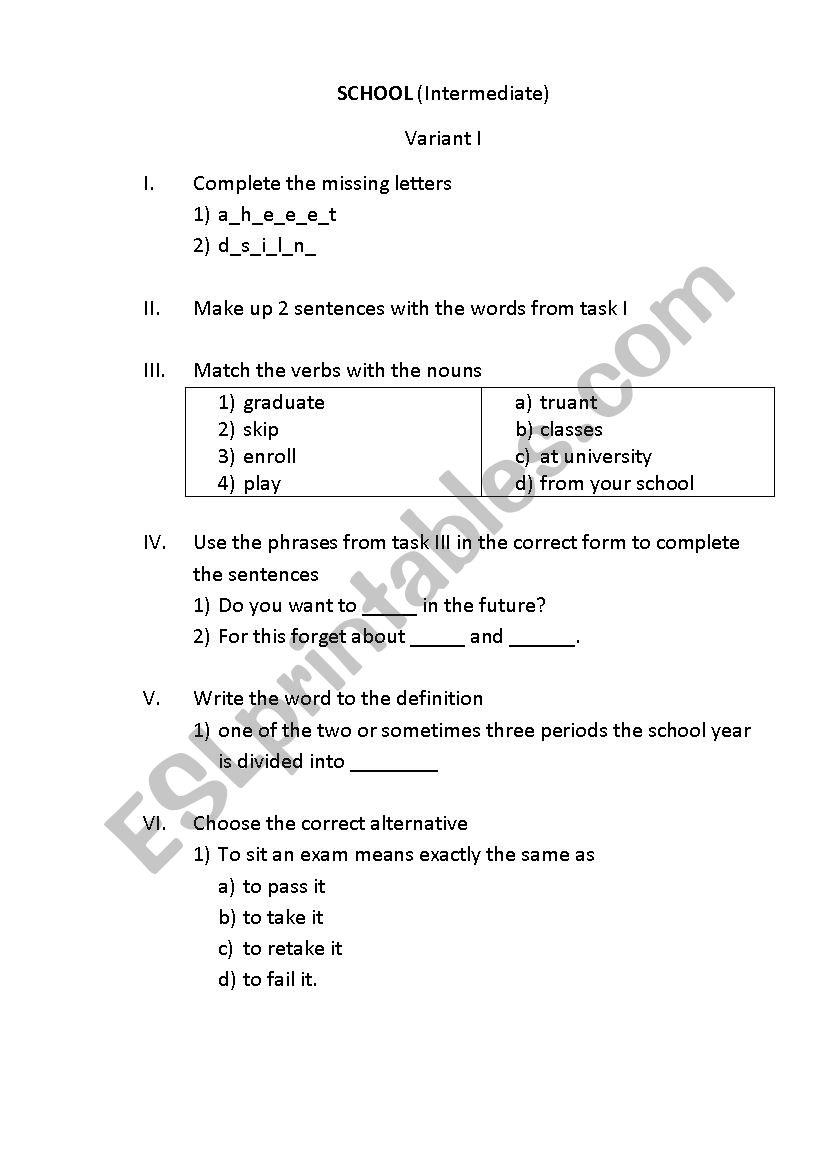 School (intermediate) worksheet