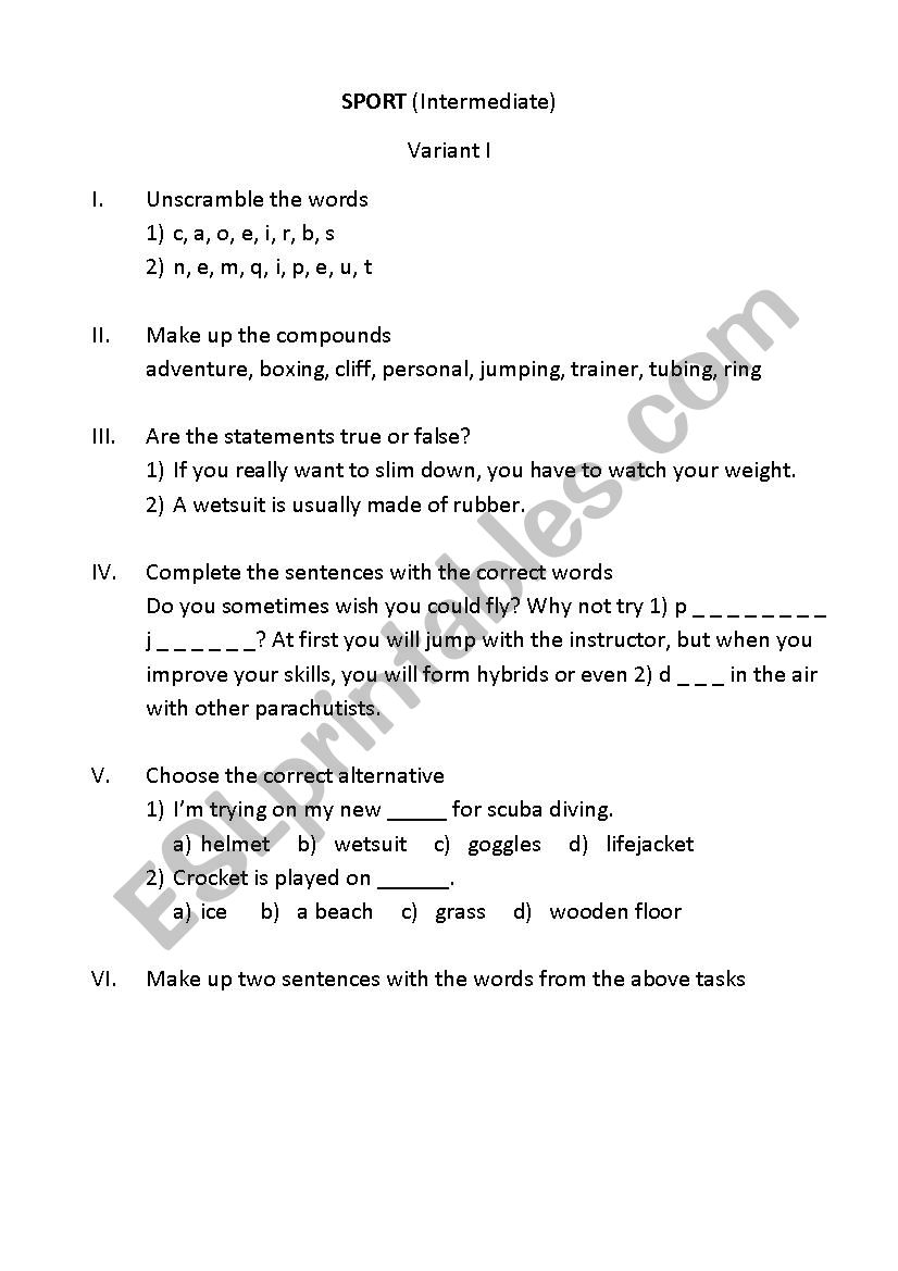 Sport worksheet