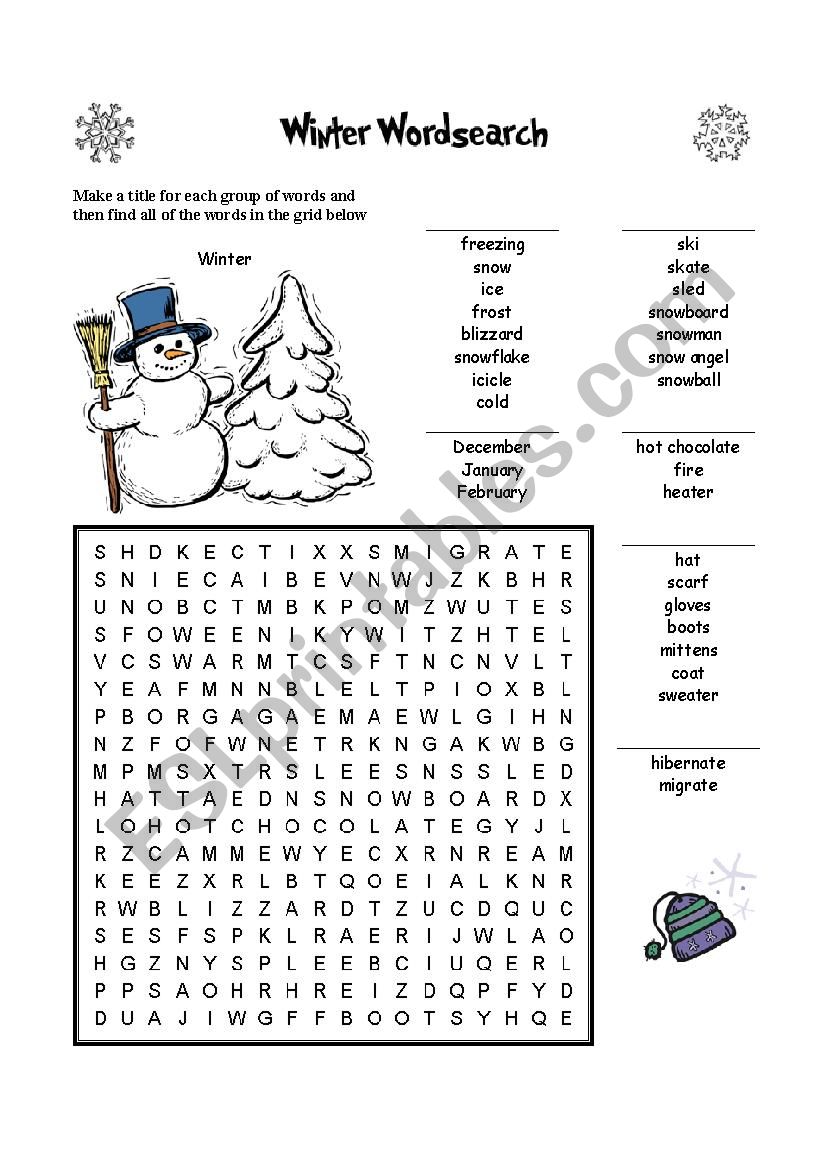 Winter wordsearch worksheet