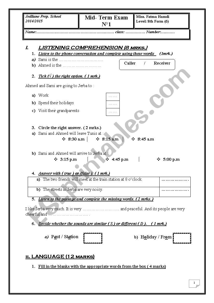  8th form mid term exam n1 worksheet