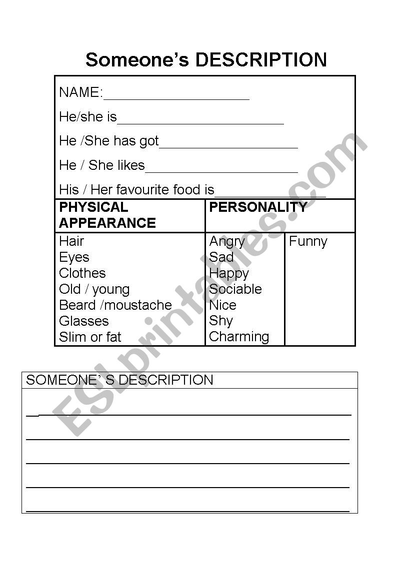 people description worksheet