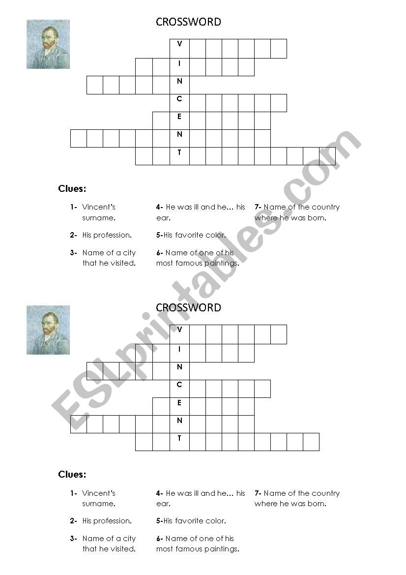 VAN GOGH Crossword worksheet