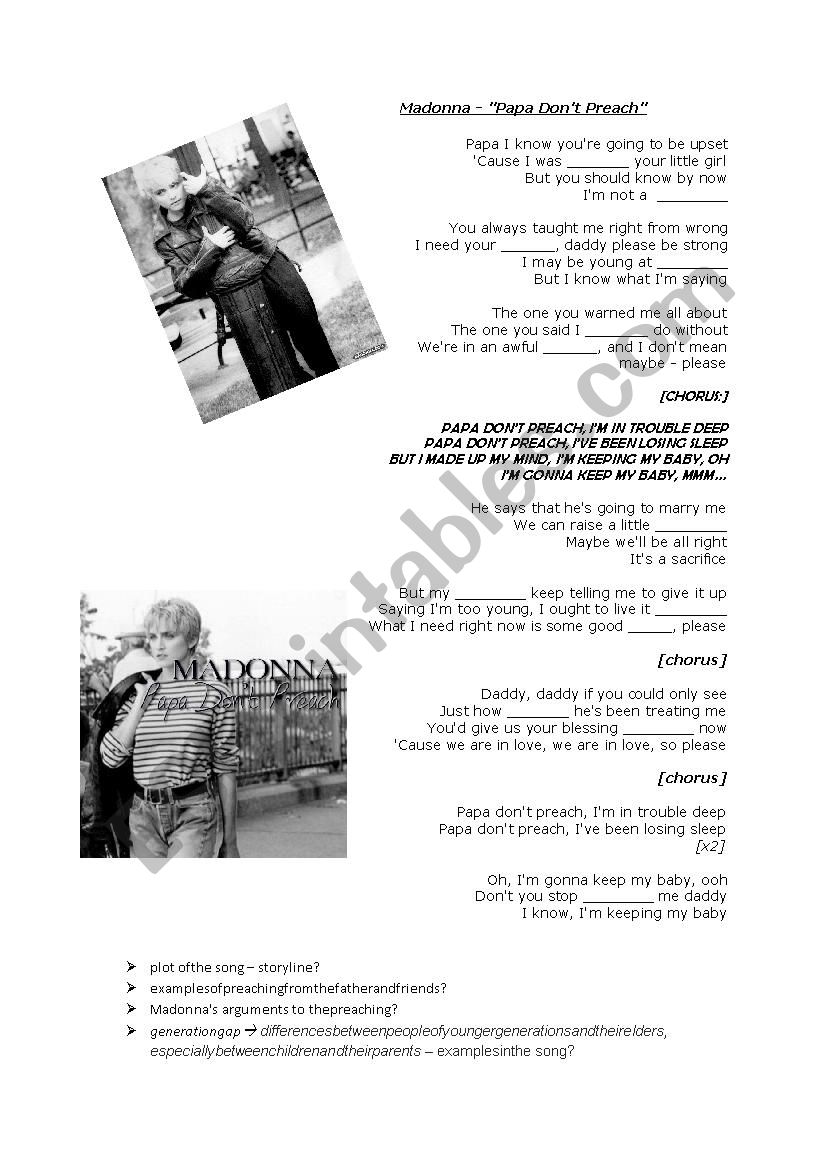 Madonna - Papa Dont Preach worksheet