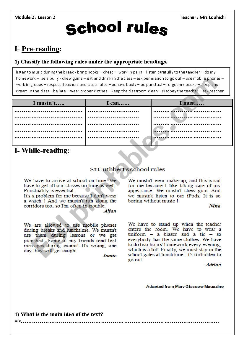 School rules module two section two 9 th grade tunisian school