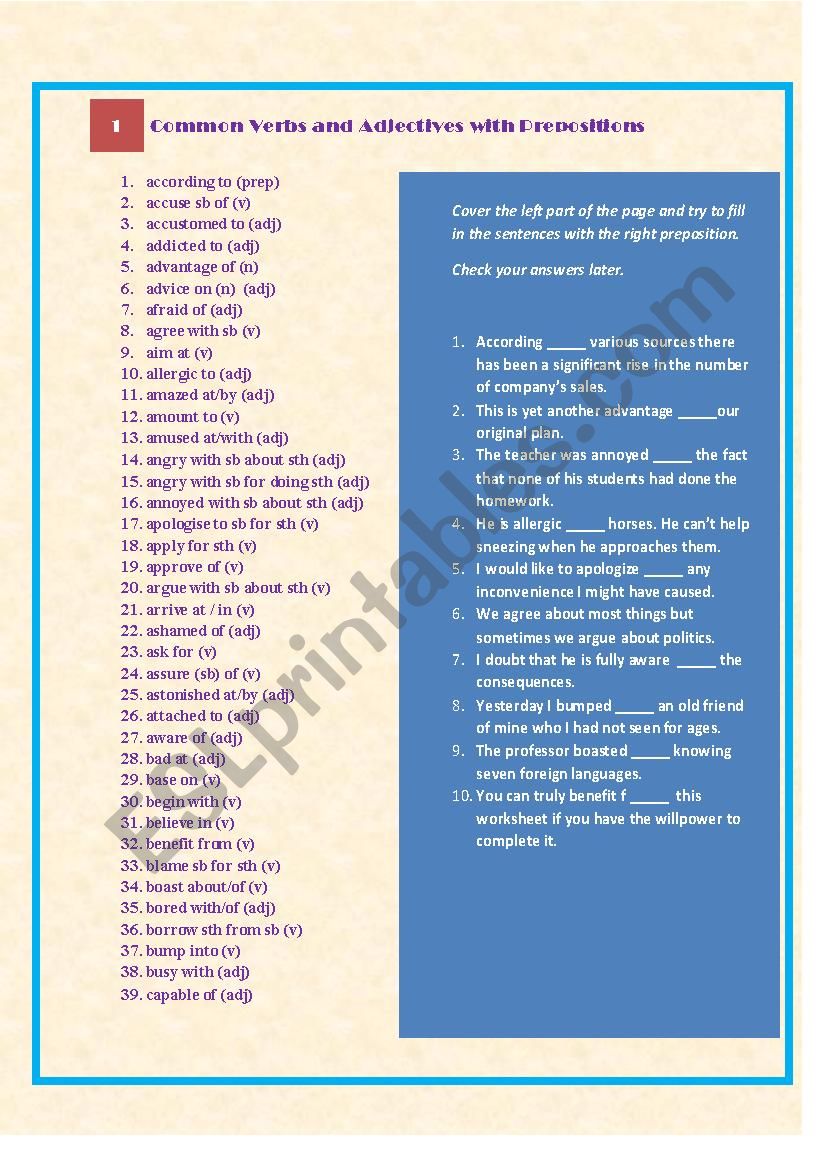 Common Verbs and Adjectives with Prepositions + Excercises 