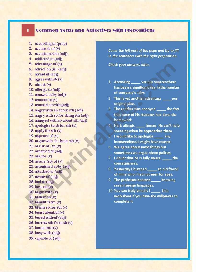 Common Verbs and Adjectives with Prepositions + Excercises 