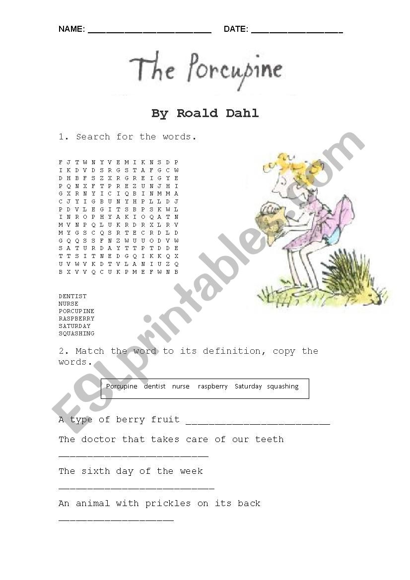 The porcupine - Roald Dahl worksheet - ESL worksheet by missmarga