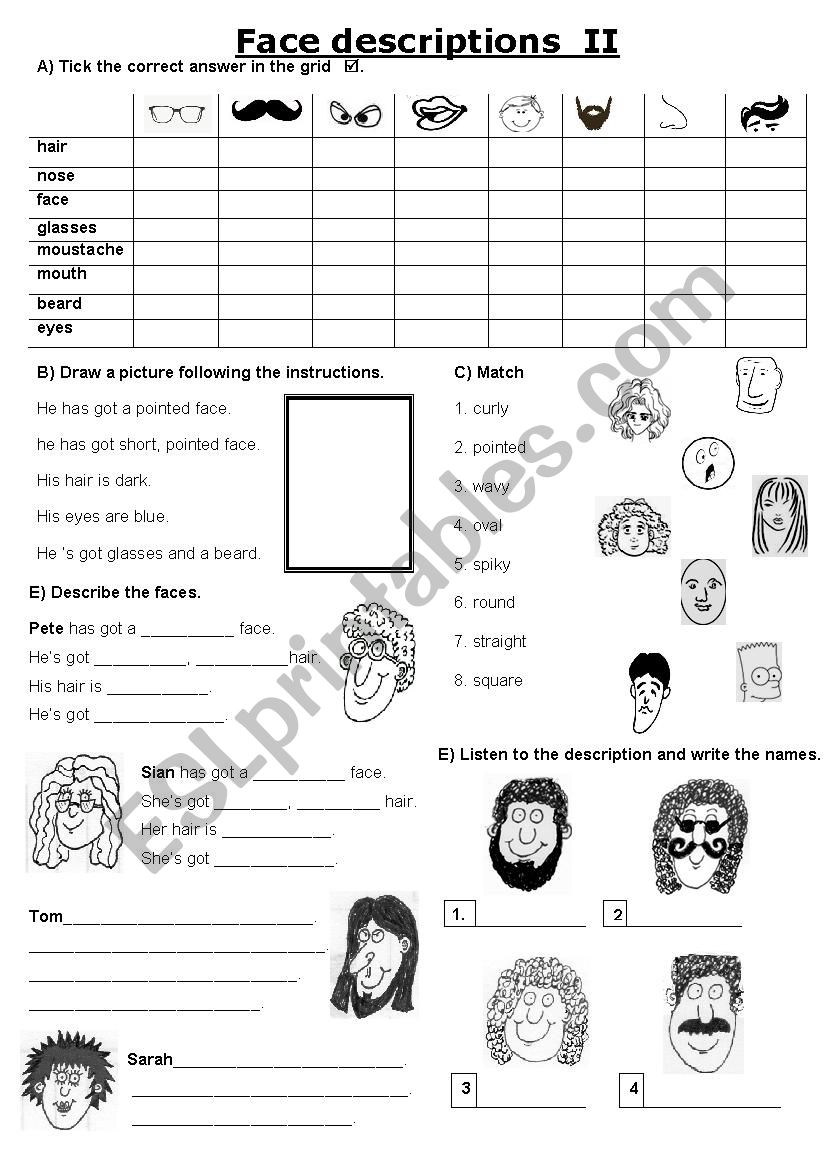 Face Description worksheet