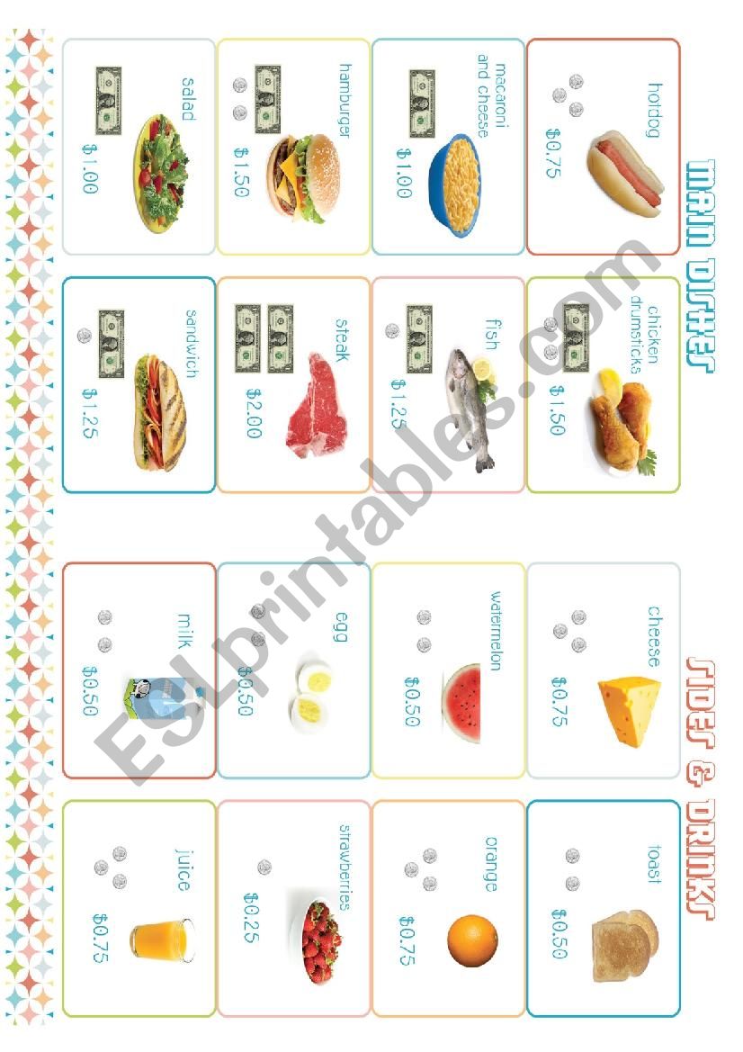 Restaurant menu worksheet