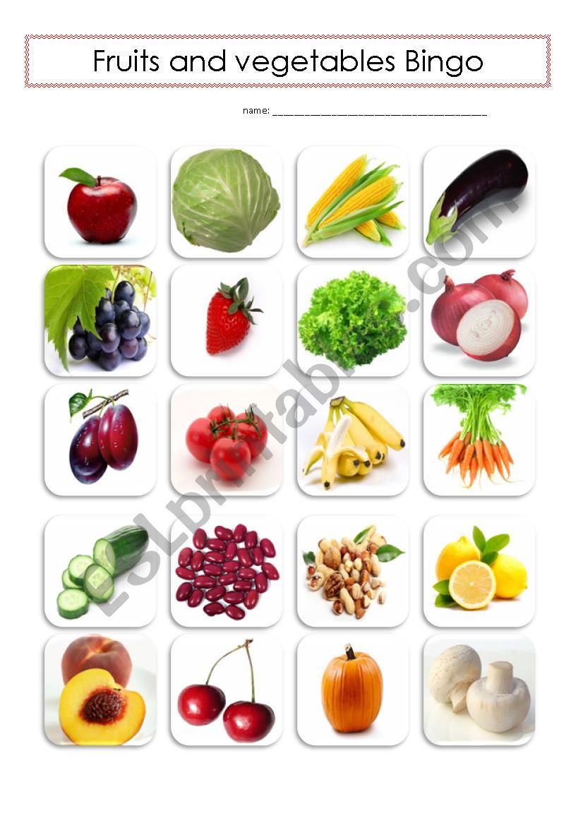 Fruits and vegetables bingo worksheet