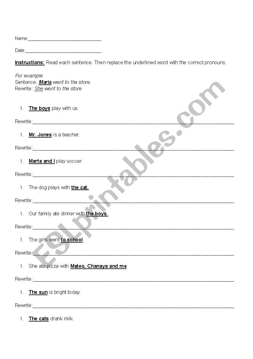 Personal Pronouns Sentences worksheet