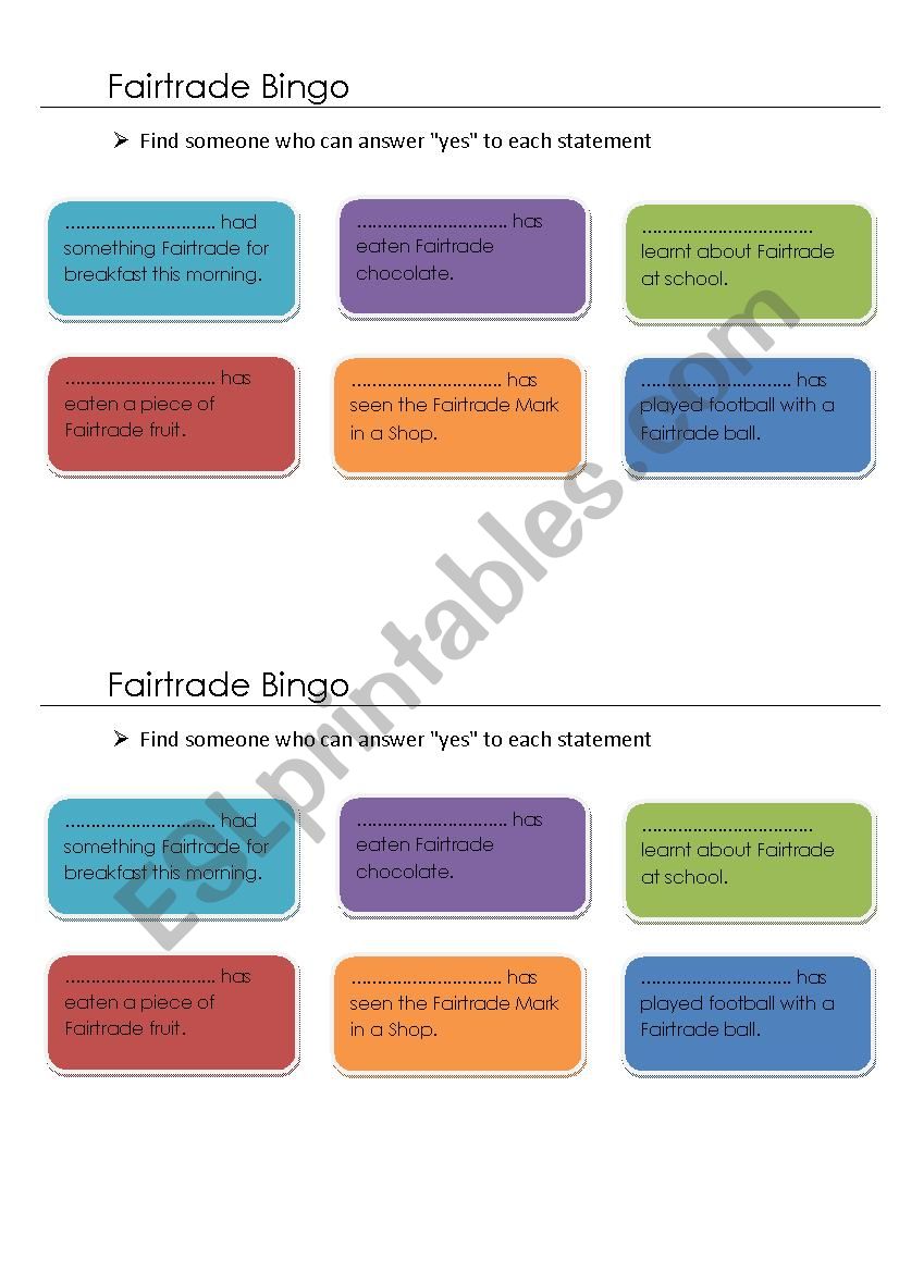 Fairtrade - Bingo worksheet
