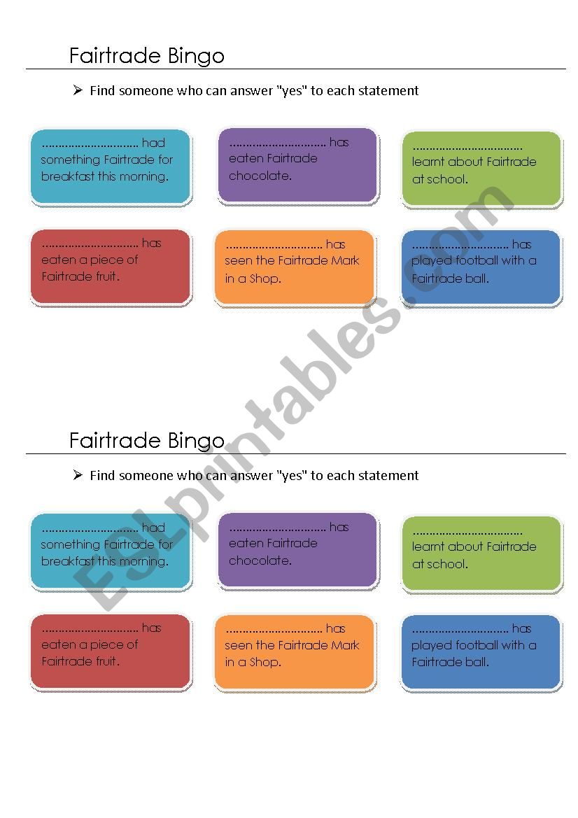 Fairtrade - Bingo worksheet