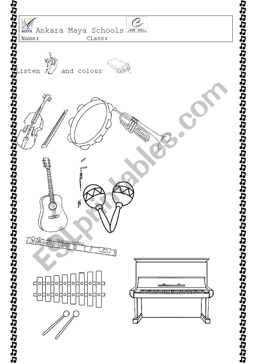 Music instruments and colours (look, say, listen, colour)