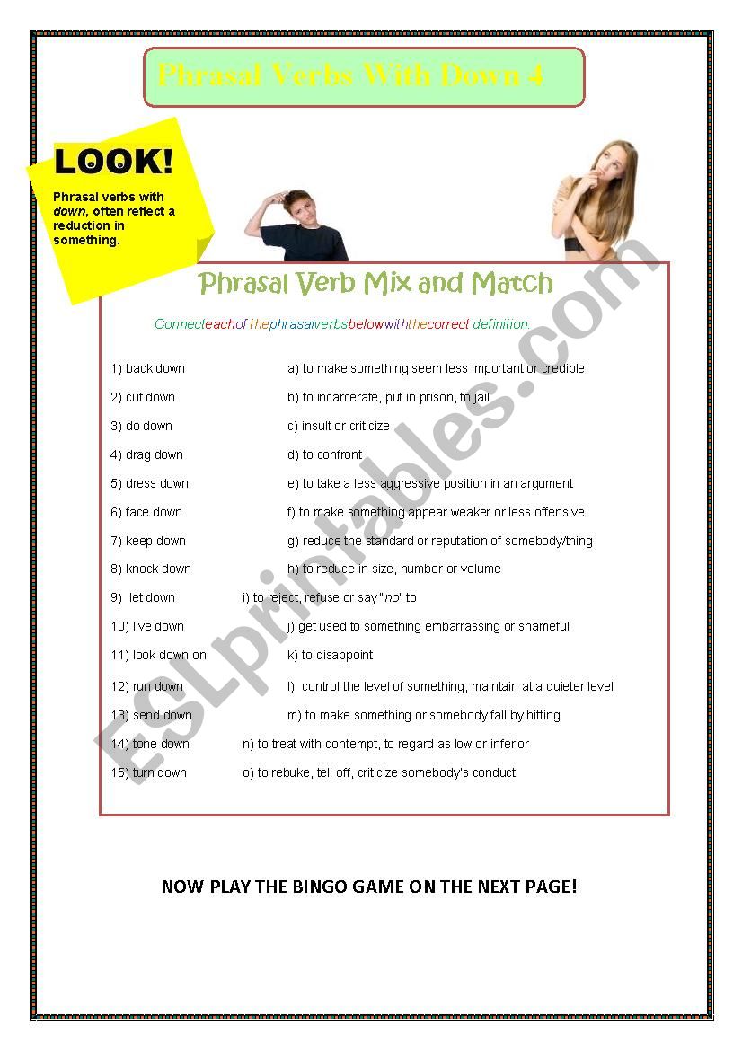 Phrasal Verbs With Down Worksheets