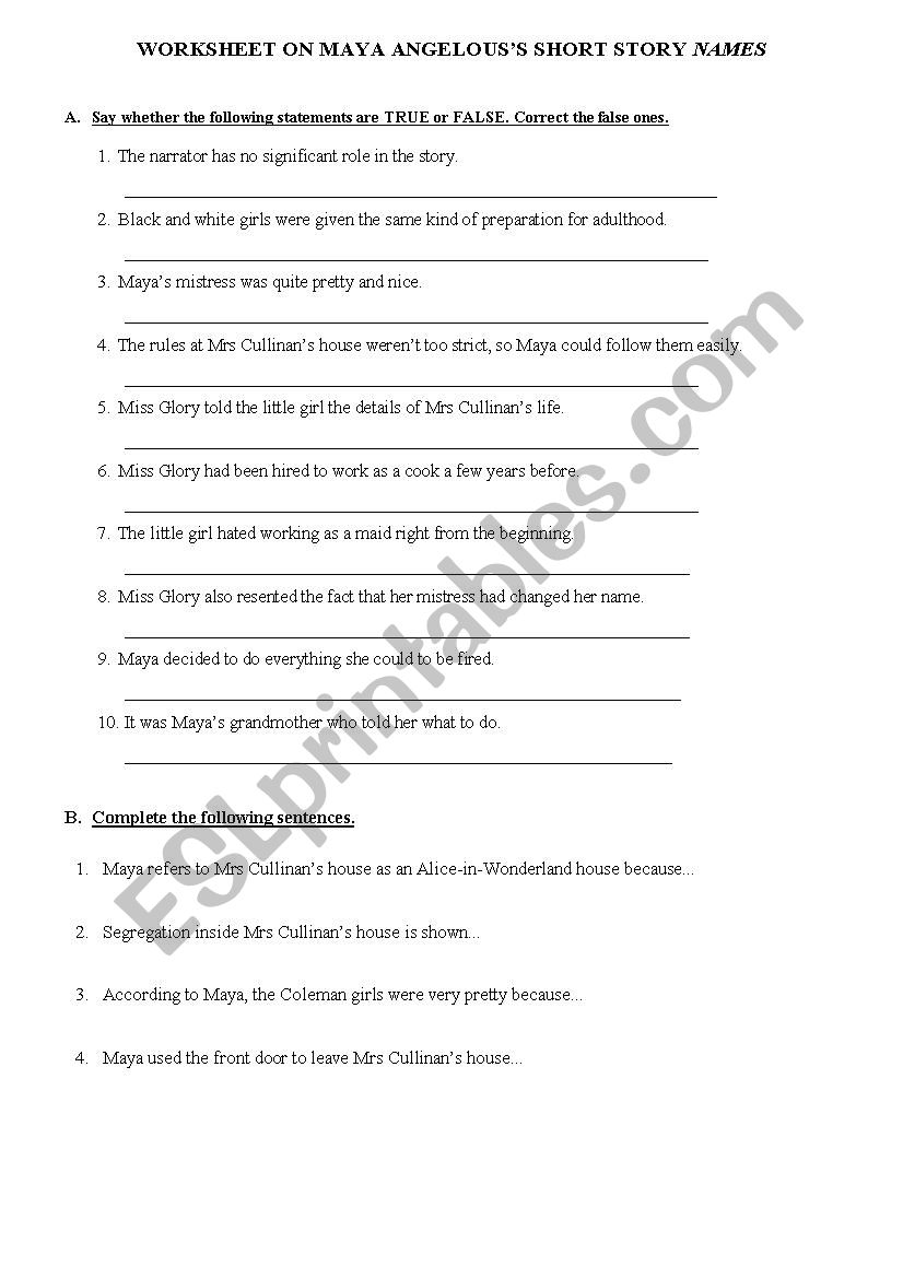 Maya Angelous Names - a worksheet