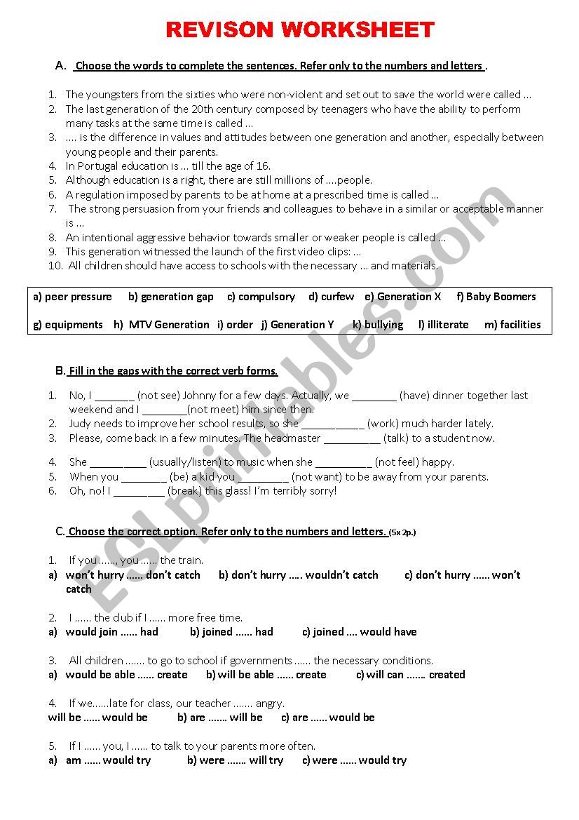 Revision worksheet worksheet