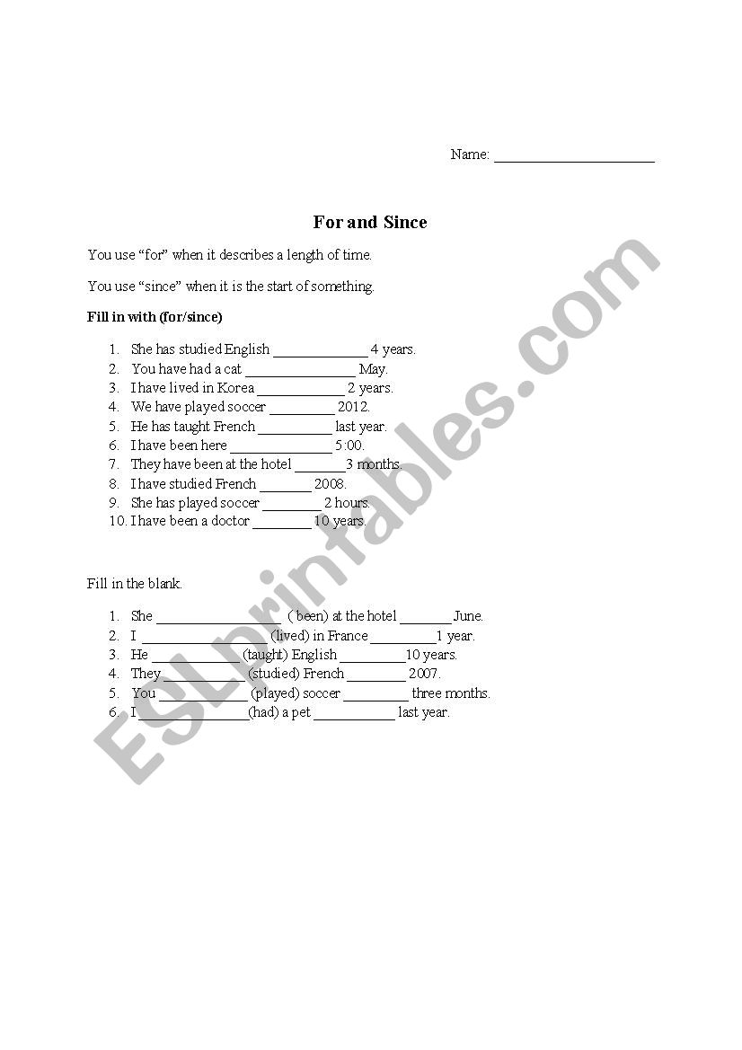 For and Since Uses worksheet