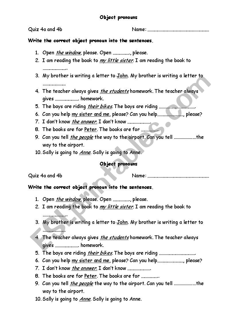 Object pronouns worksheet