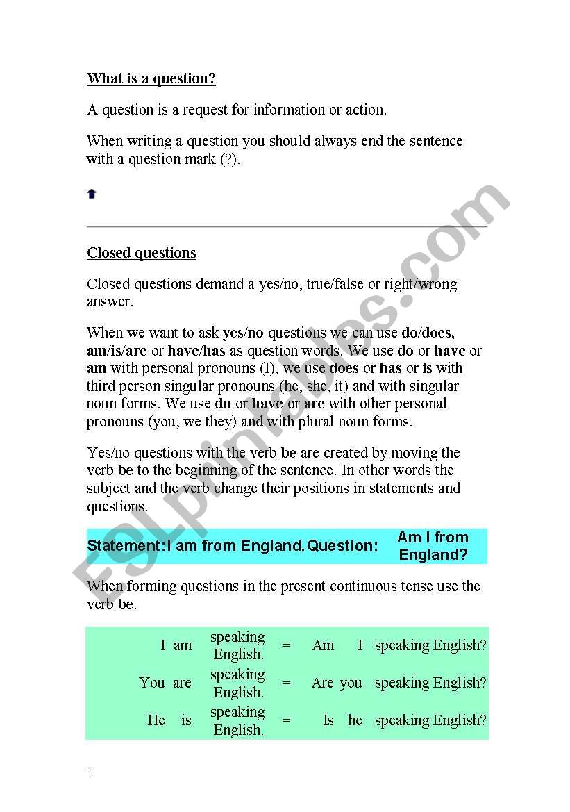 how to form a question worksheet