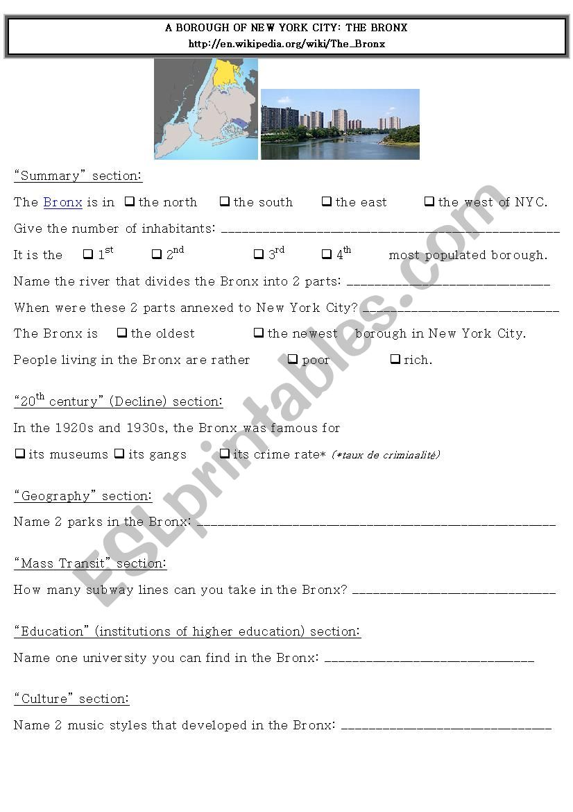 Webquest NYC - Bronx worksheet