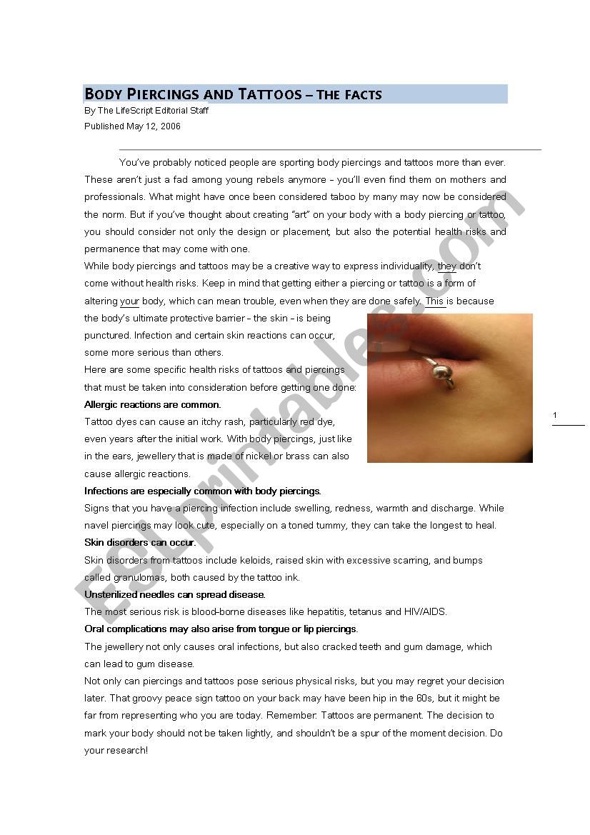 Body piercings and tattoos worksheet