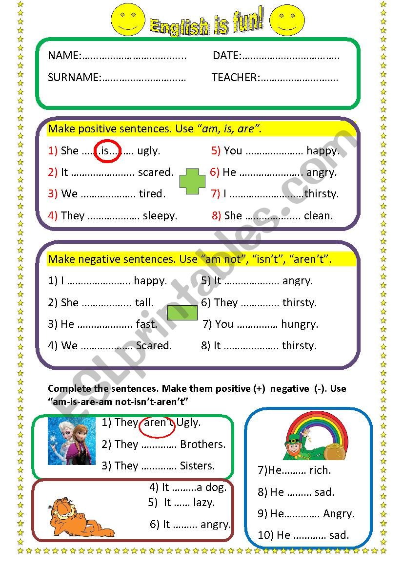 verb be (am is are) positive and negative forms