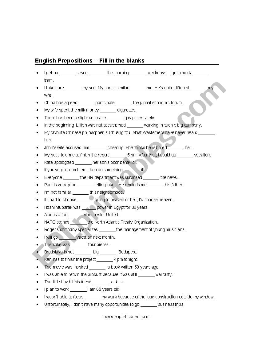 Prepositions worksheet