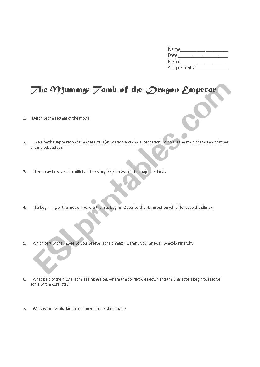 THE MUMMY The Dragon Emperor Comprehension Questions