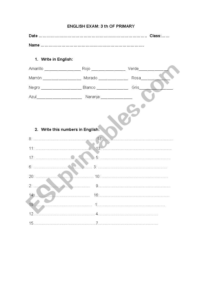 colours  worksheet