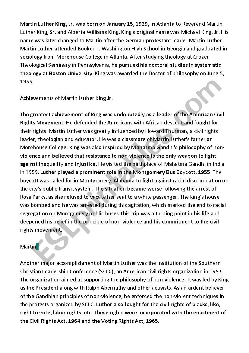 martin luther king worksheet