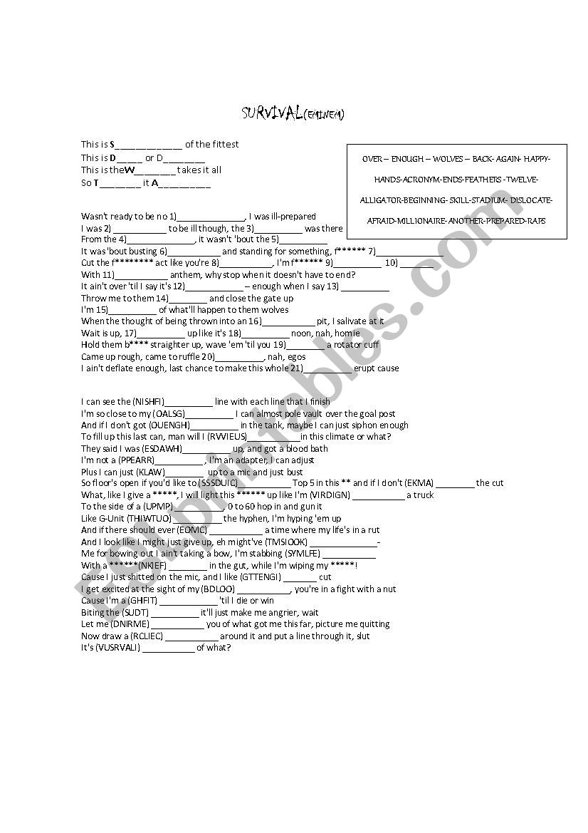 Survival worksheet