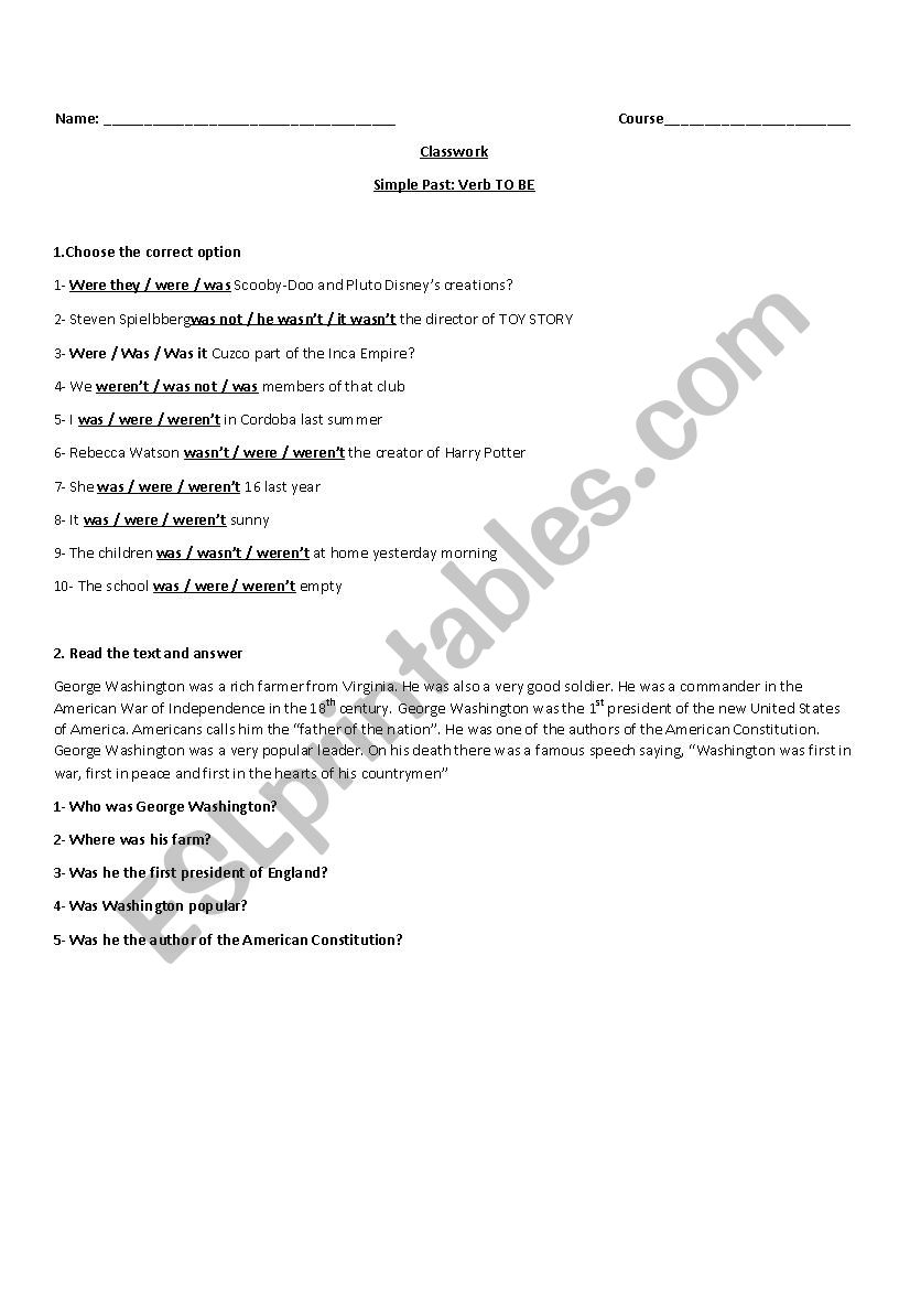 Past simple. Verb TO BE worksheet