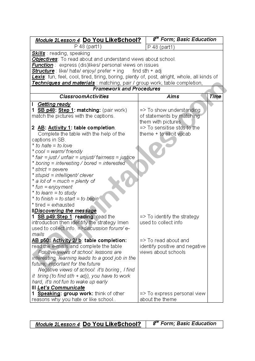 do you like school ? 8th form lesson 4 module 2