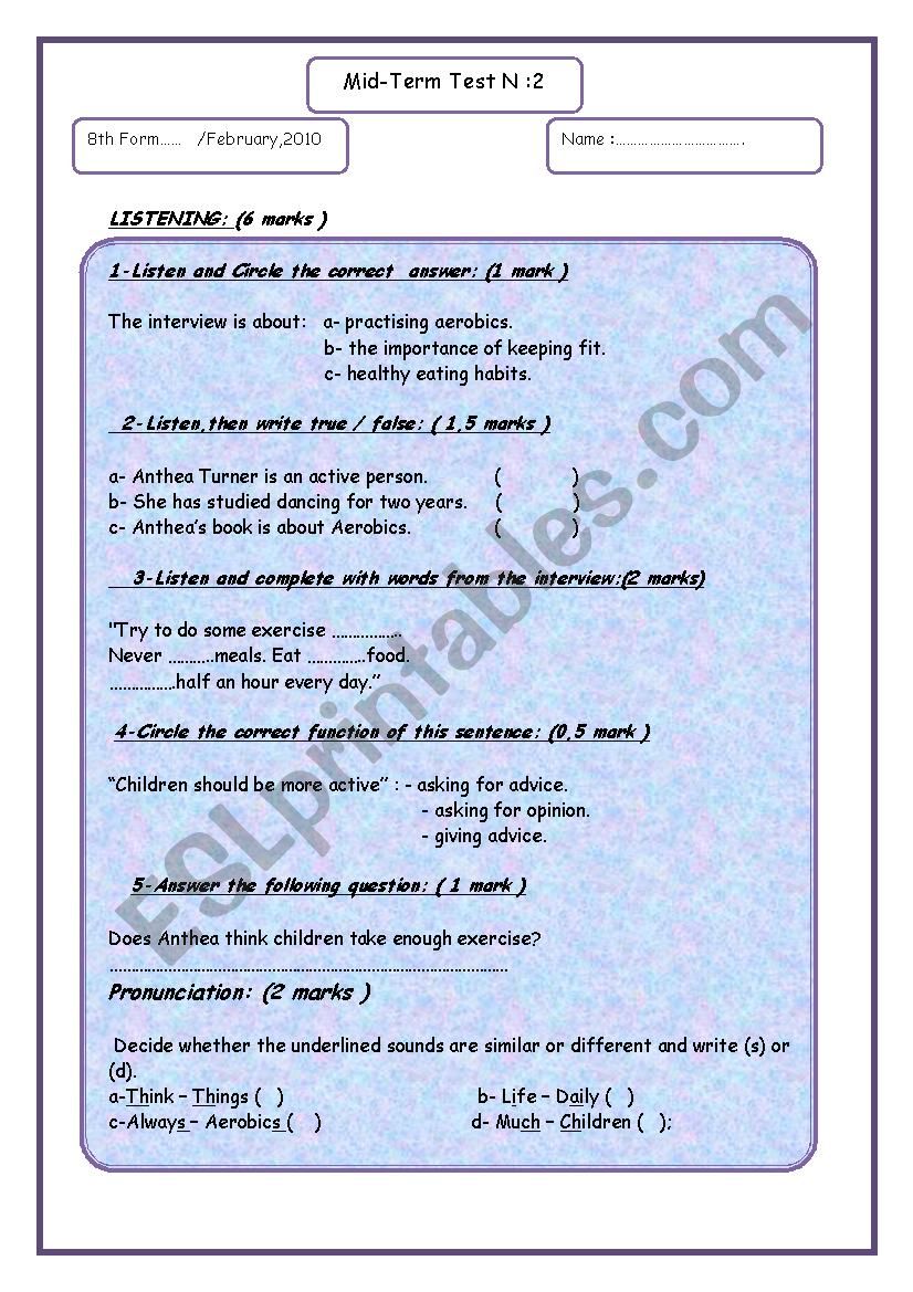 keeping fit worksheet