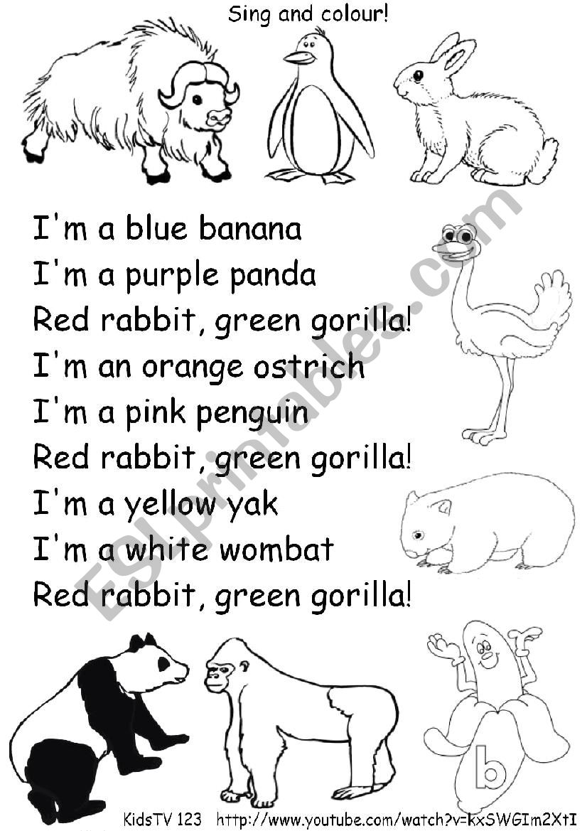 Red rabbit Green gorilla song worksheet