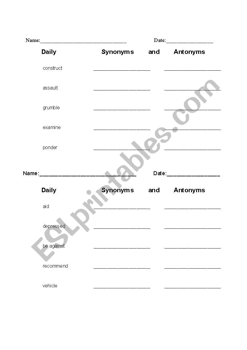 Daily Synonyms and Antonyms 1 worksheet